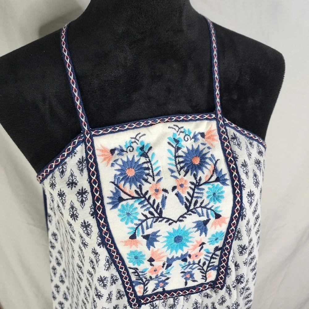 JOLT Size Medium Blue Floral Boho Beach Square Neck Pleated Strappy Tank Top EUC - Picture 3 of 10